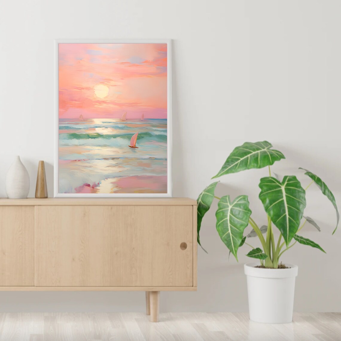 Pink Pastel Beach Sunset Sailboats Dreamy Coastal Painting Poster - Image 2
