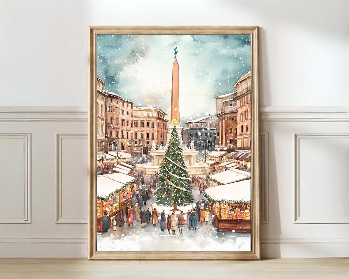 Rome Piazza Navona Christmas Market Obelisk Snowy Holiday Poster