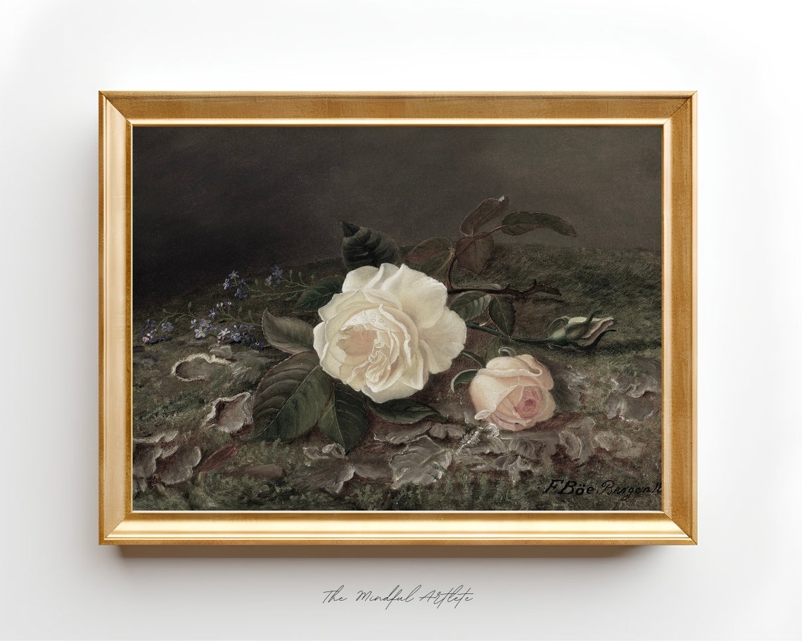 Vintage White Rose Bouquet on a Dark Background Floral Poster