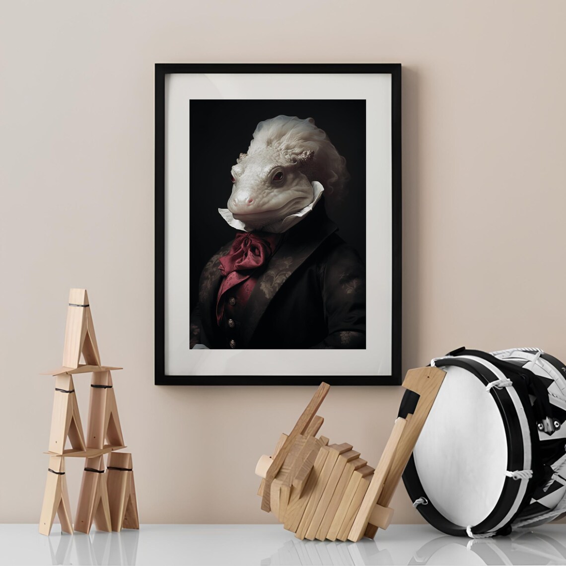 Victorian Axolotl Portrait with Red Bow Tie Dark Dapper Animal Poster - Image 3