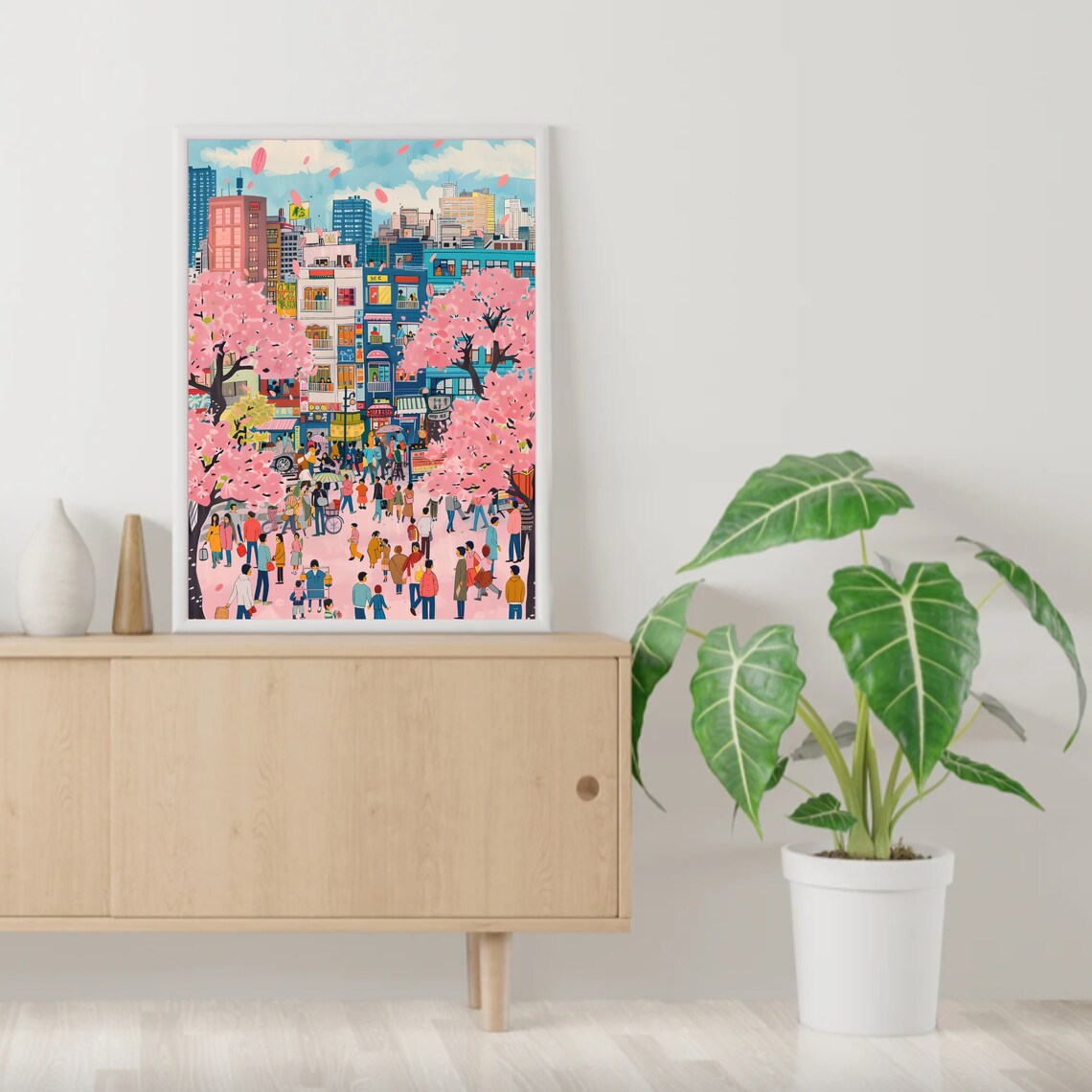 Tokyo Cherry Blossom Street Scene Colorful City Illustration Poster - Image 3