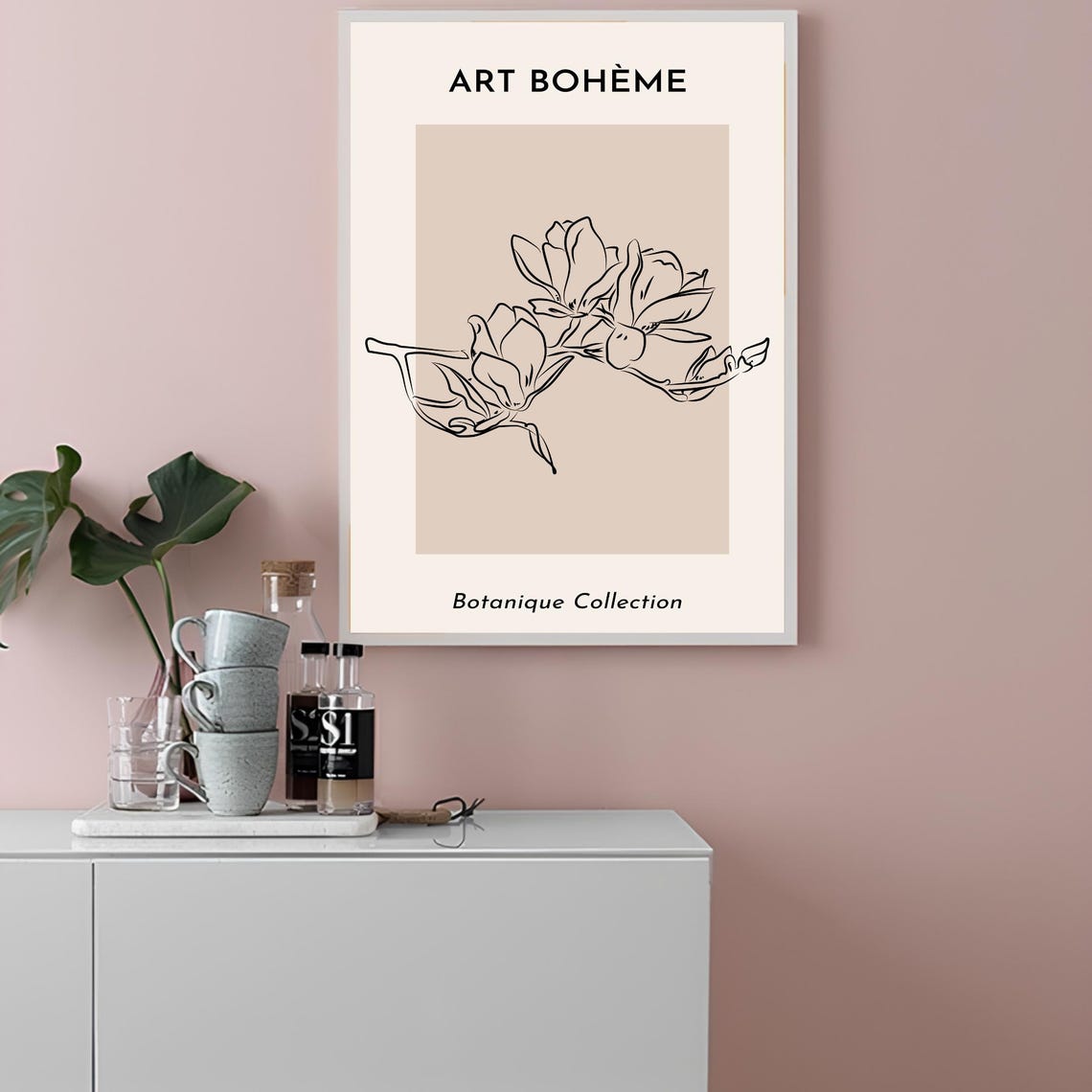 Art Boheme Botanical Poster with Delicate Magnolia Line Art on Beige - Image 2