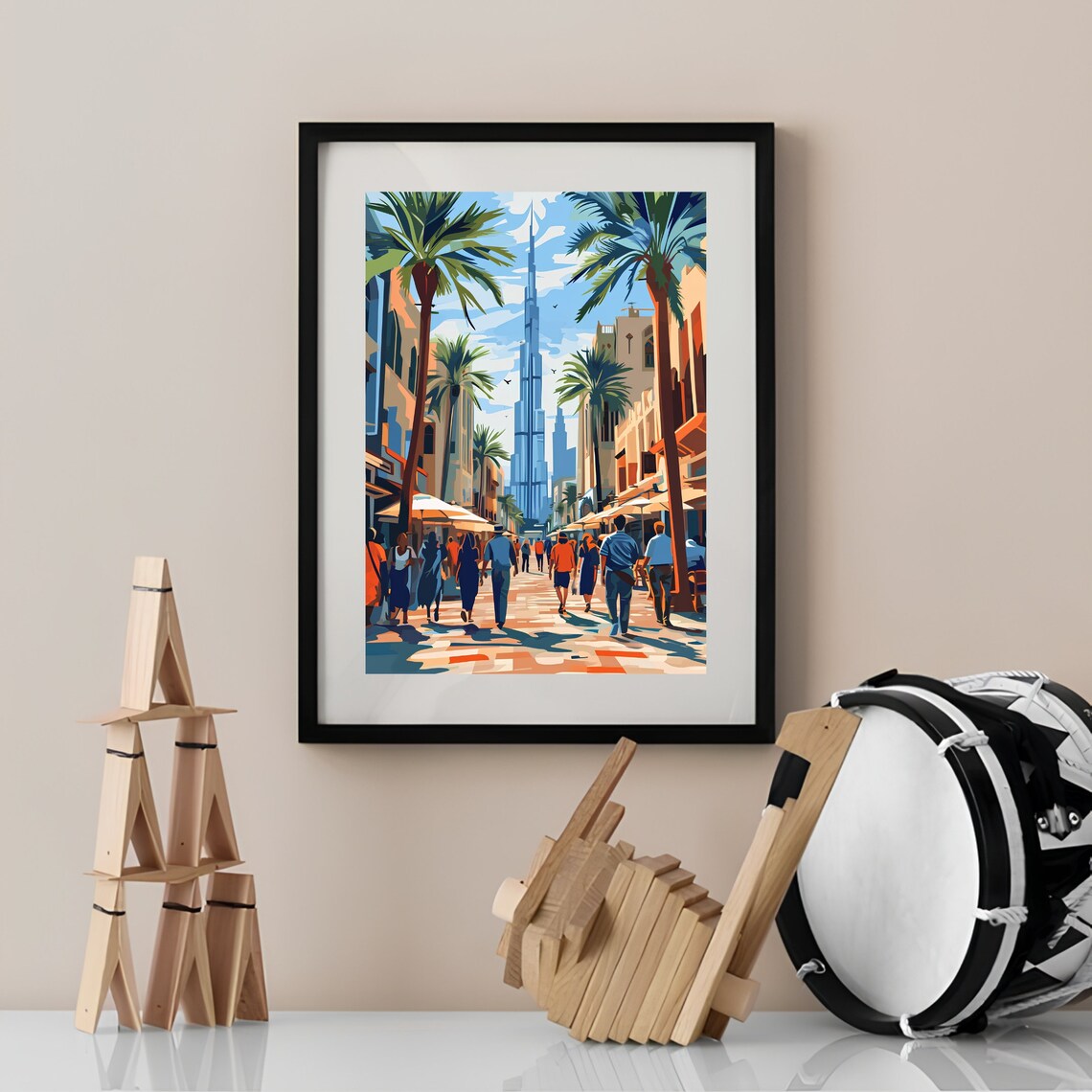 Dubai Illustration Poster of Burj Khalifa Above a Bustling City Street - Image 2