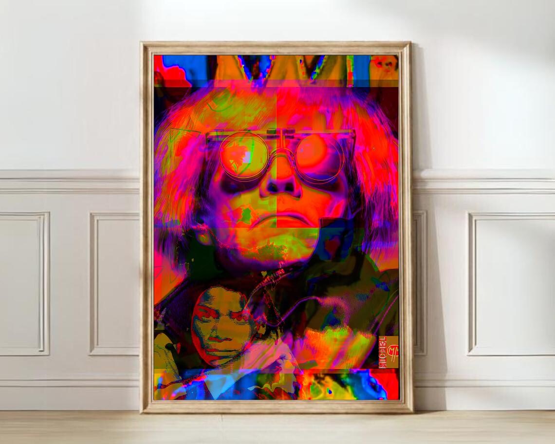 Basquiat And Warhol Neon Pop Art Glitch Collage Portrait Poster
