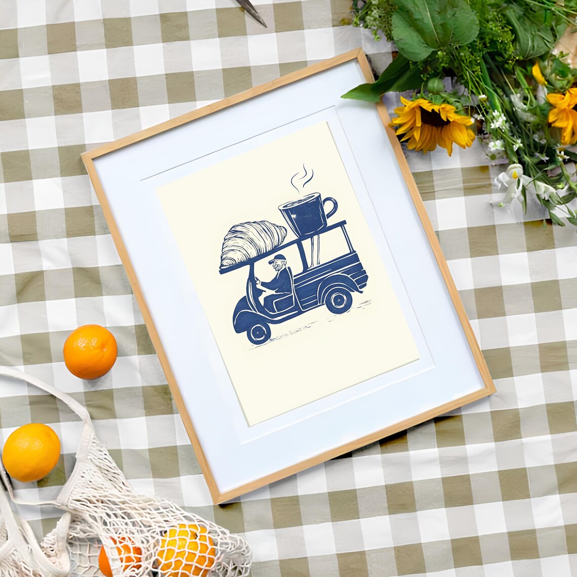 Linocut Croissant Coffee Italian Ape Truck Poster - Image 3