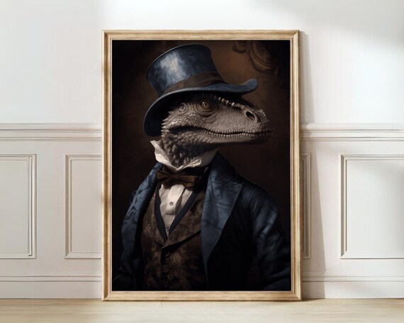 Victorian Dinosaur Gentleman Portrait In Top Hat Gothic Poster