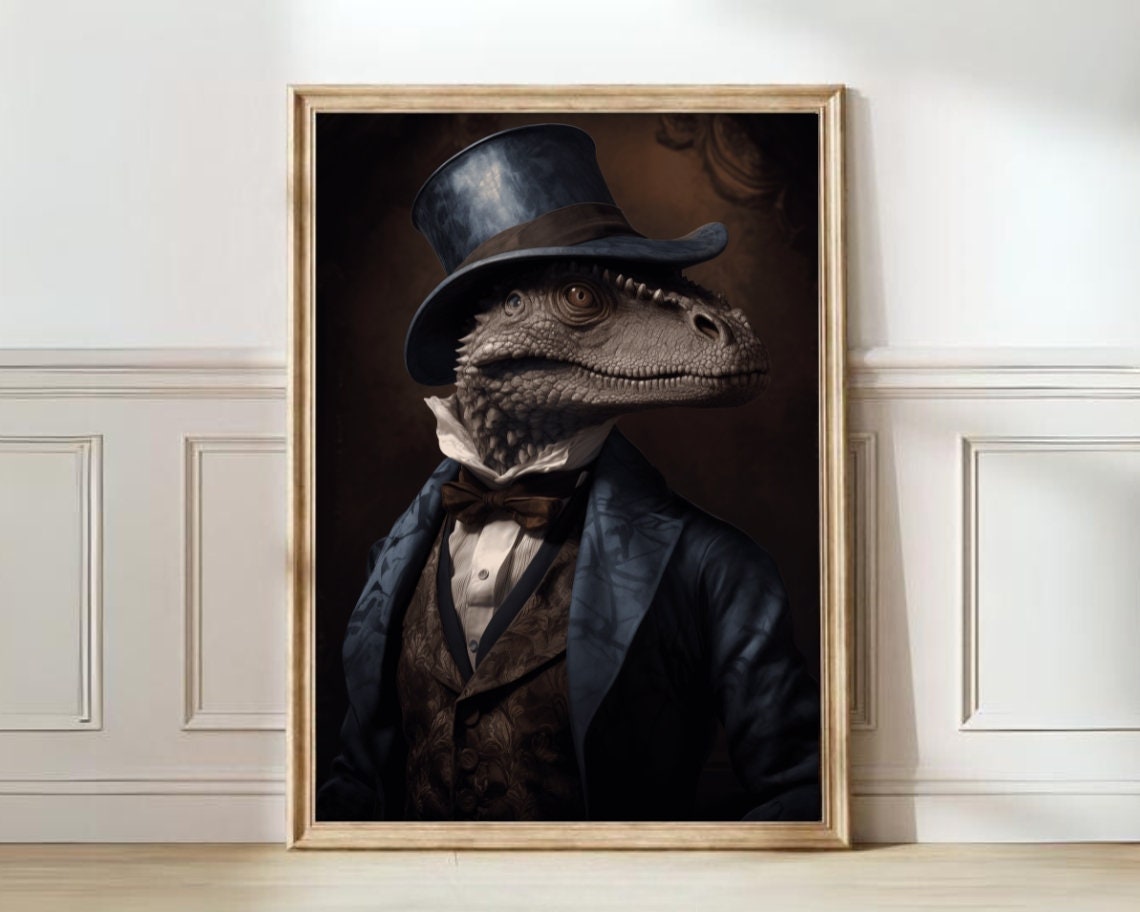 Victorian Dinosaur Gentleman Portrait In Top Hat Gothic Poster