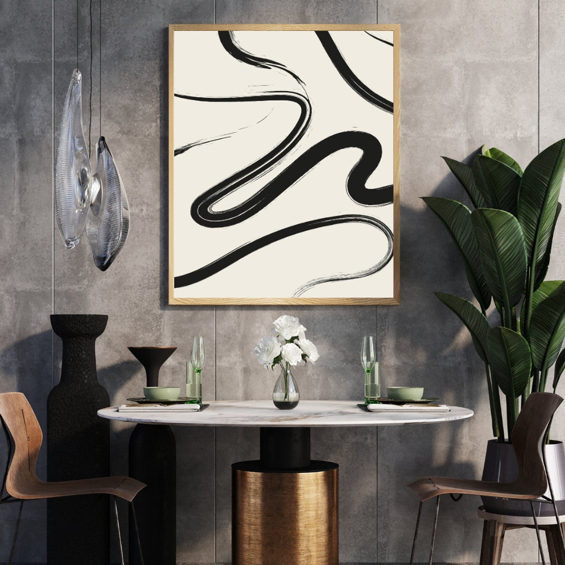 Black Ink Ribbon Waves On Ivory Minimalist Abstract Art Poster - Image 3