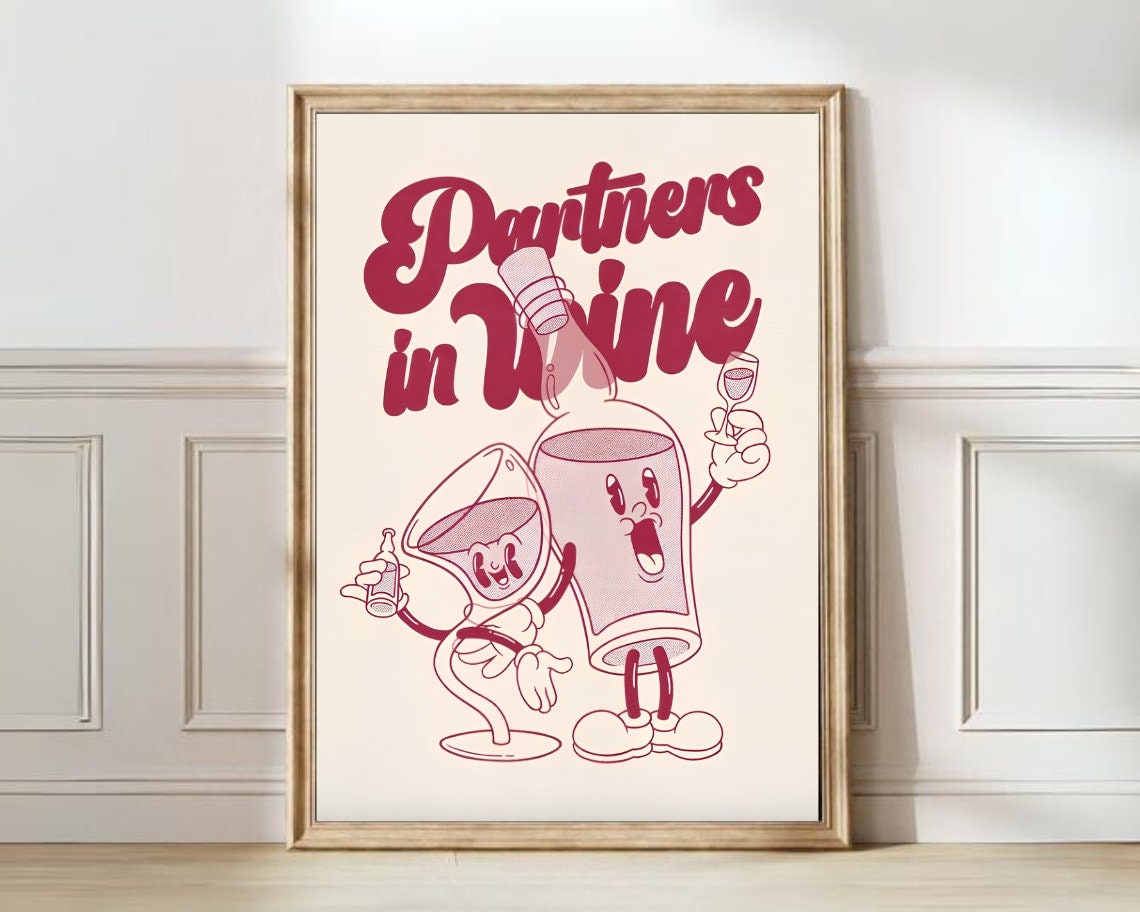 Partners in Wine Retro Cartoon Wine Glass Bar Decor Wall Poster