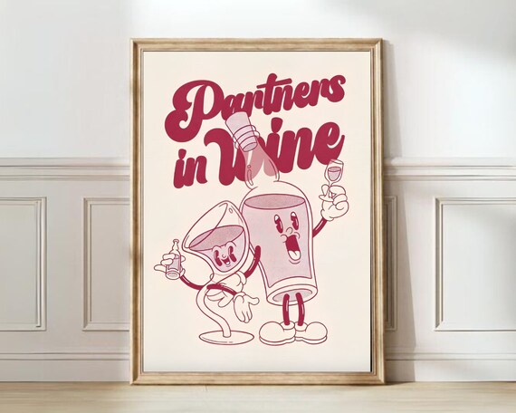 Partners in Wine Retro Cartoon Wine Glass Bar Decor Wall Poster