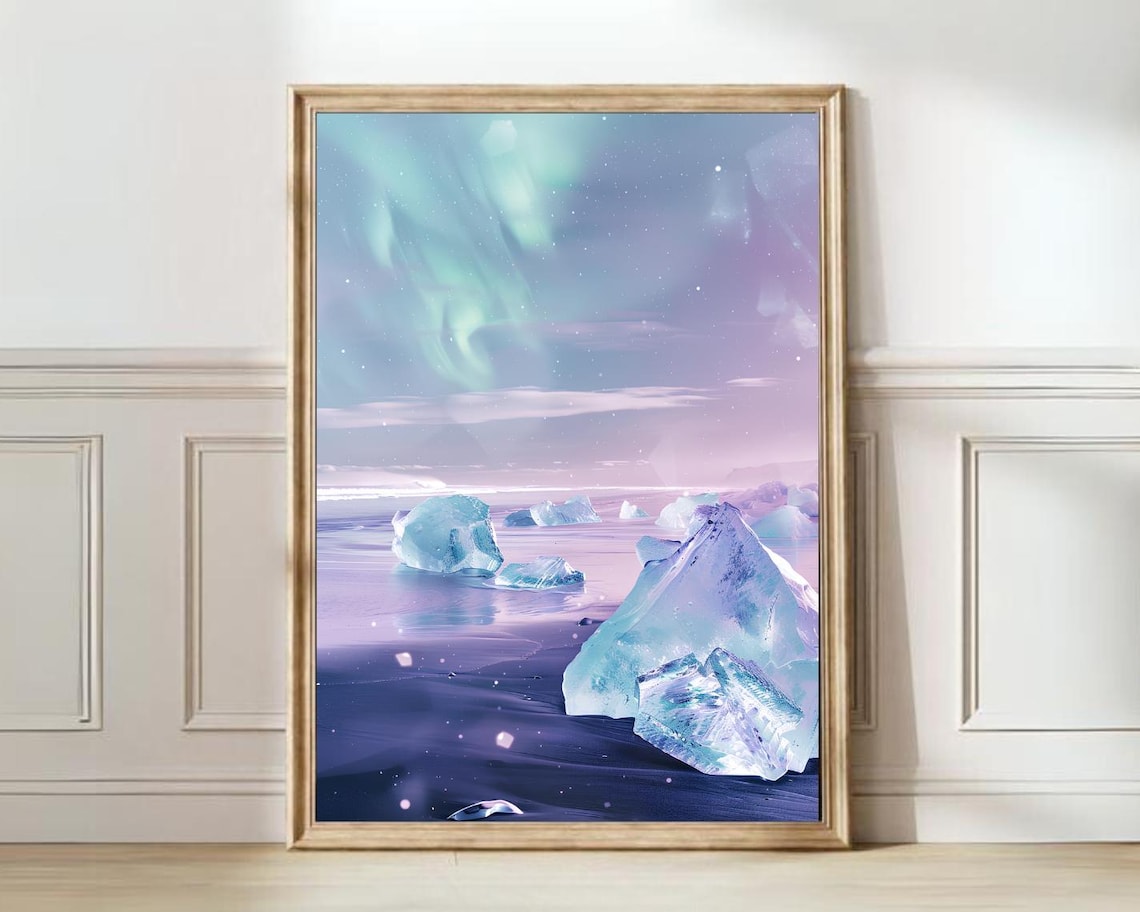 Iceland Aurora Borealis Diamond Beach Art Print