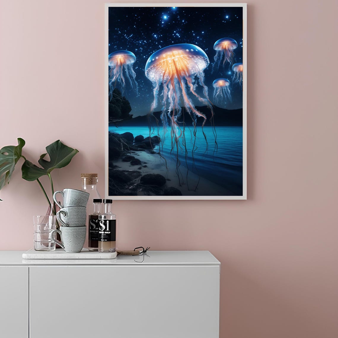 Glowing Jellyfish Under Starry Night Sky Ocean Dreams Poster - Image 2