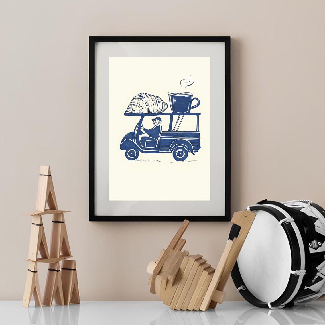 Linocut Croissant Coffee Italian Ape Truck Poster - Image 2