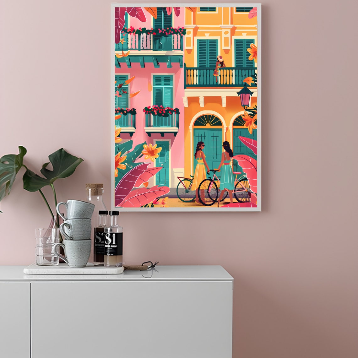 Cartagena Colombia Pastel Colonial Street With Bicycles Poster - Image 2