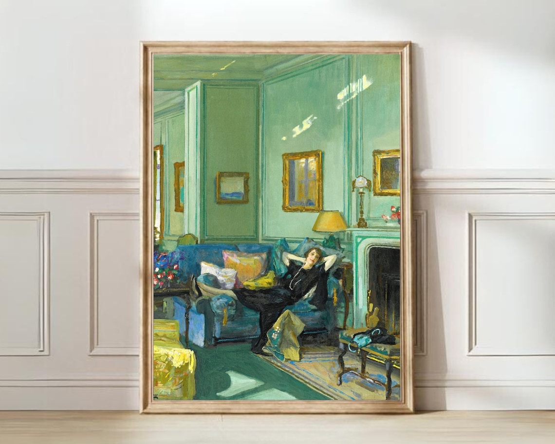 Woman Reclining In Green Drawing Room Vintage Oil Portrait Print
