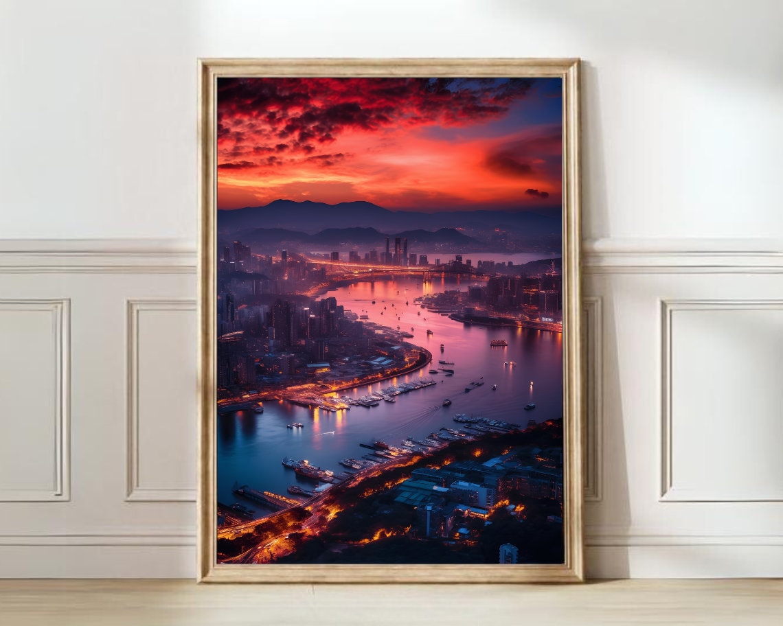Seoul South Korea Harbor Sunset Boats Cityscape Travel Art Poster