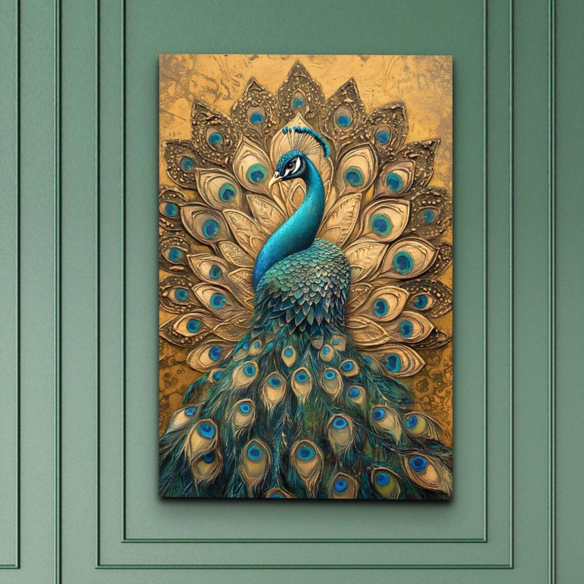 Majestic Peacock Golden Fanned Tail Royal Bird Portrait Art Poster
