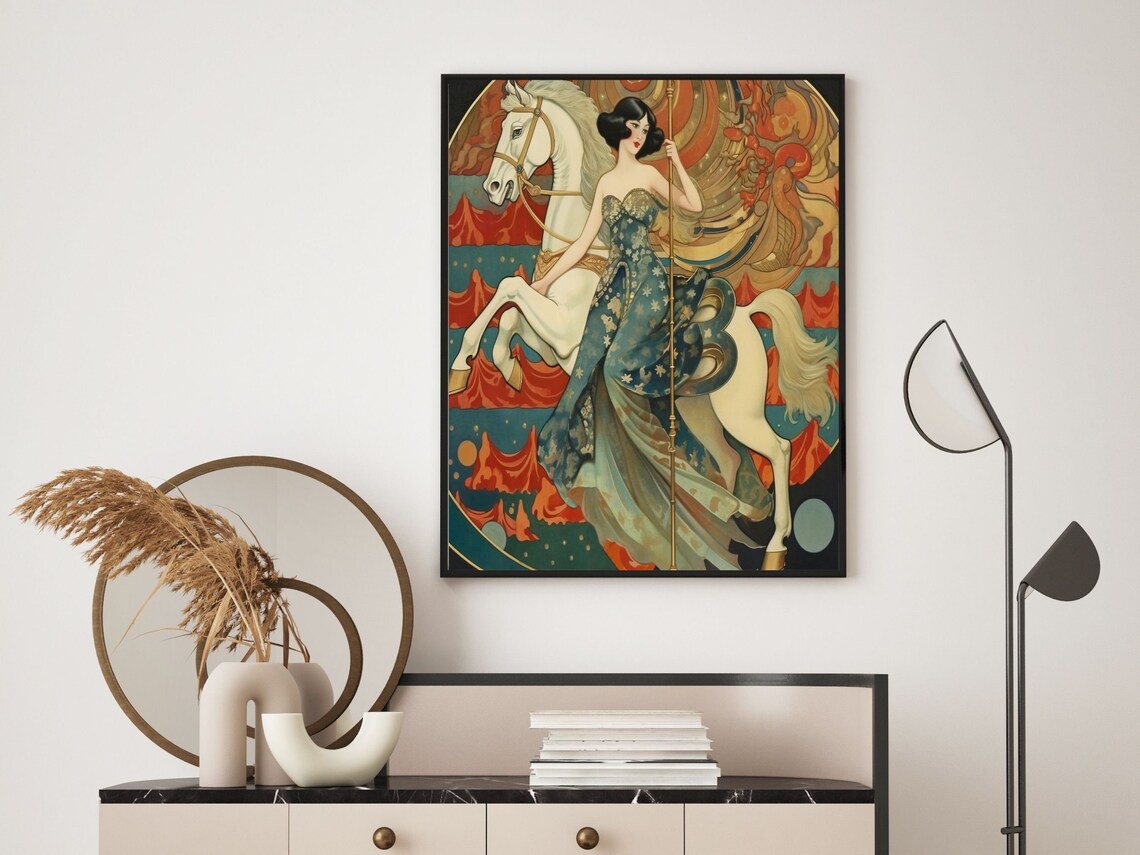 Art Nouveau Woman Riding a White Carousel Horse in Teal Gown Poster - Image 6