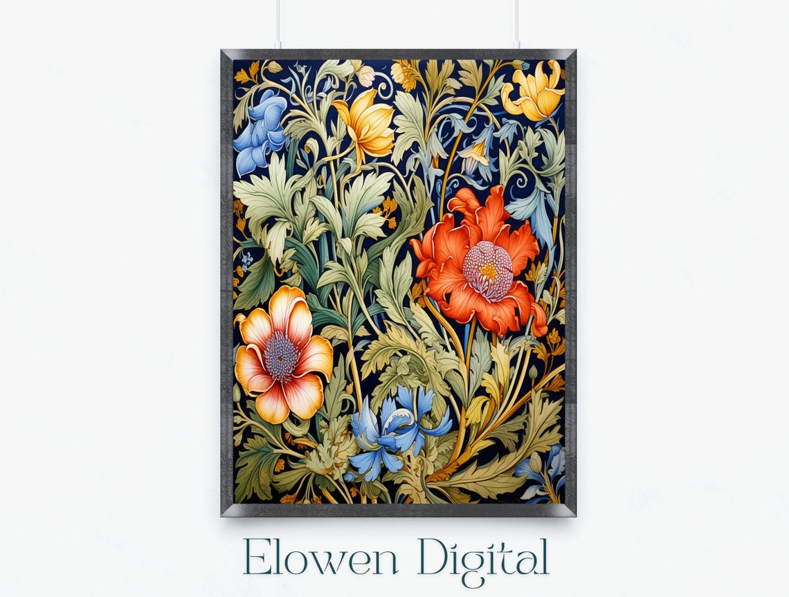 William Morris Style Poppies and Irises Navy Botanical Wall Art