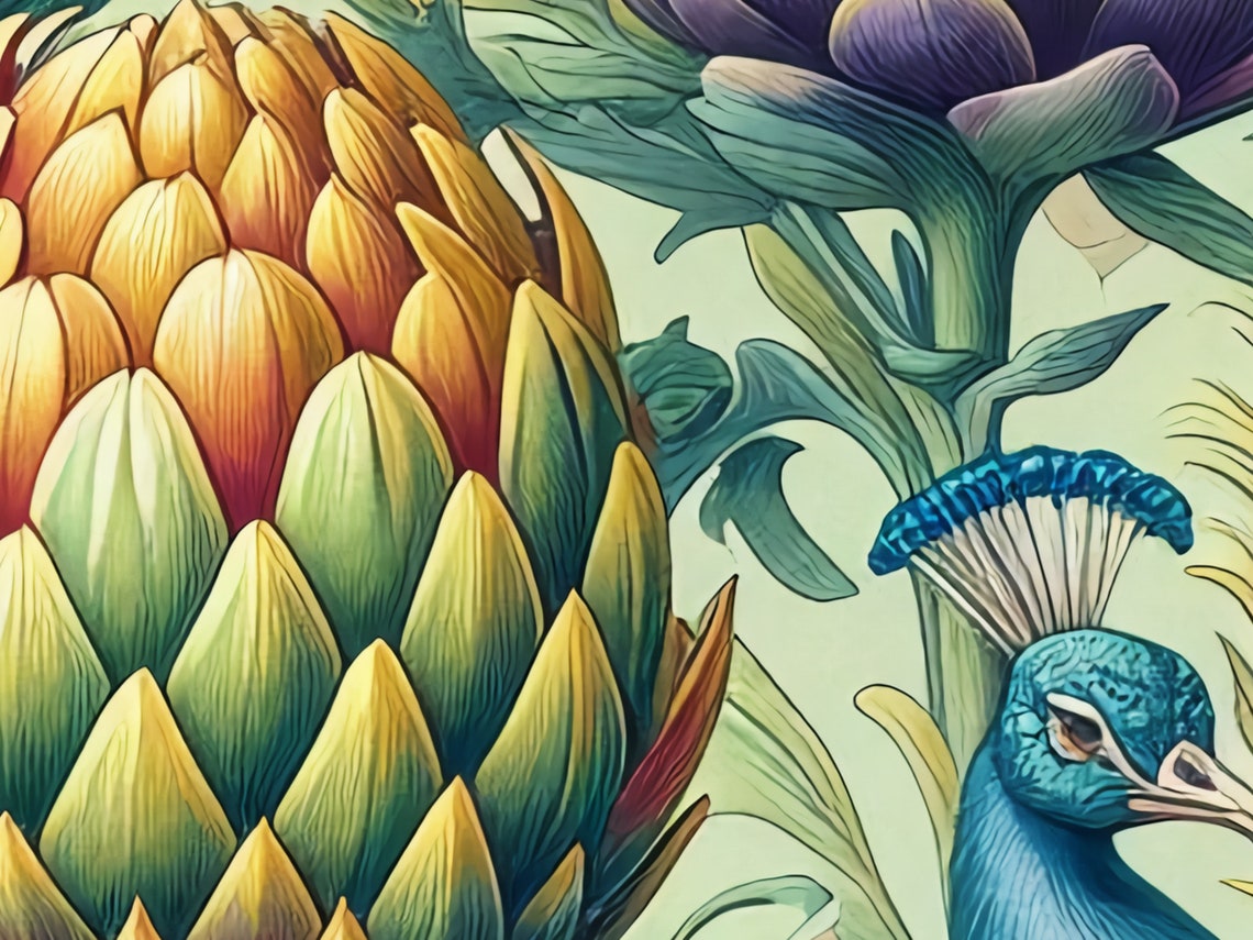 Art Nouveau Peacock Among Artichokes and Protea Blooms Poster - Image 4