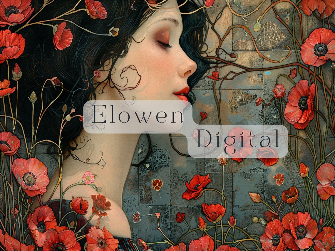 Art Nouveau Woman with Red Poppies Profile Botanical Wall Poster - Image 6