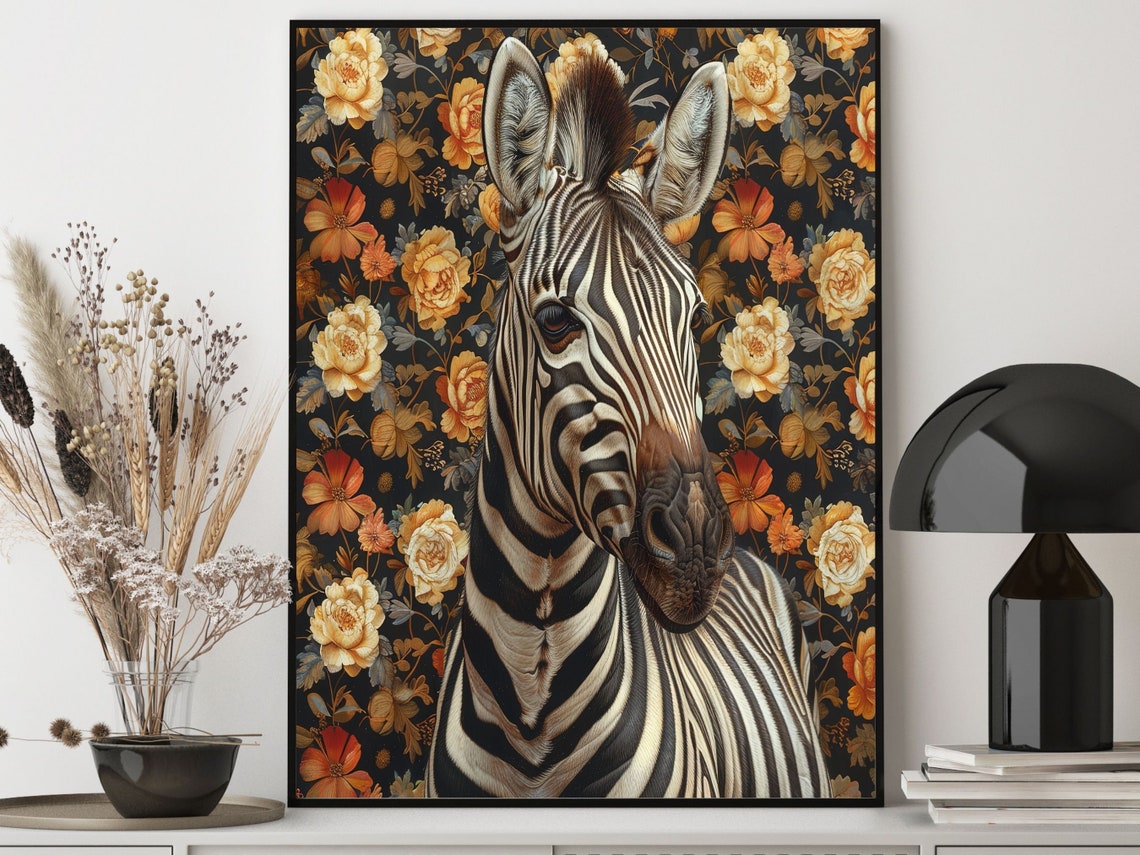 Zebra Portrait Against Dark William Morris Floral Backdrop Poster - Image 2