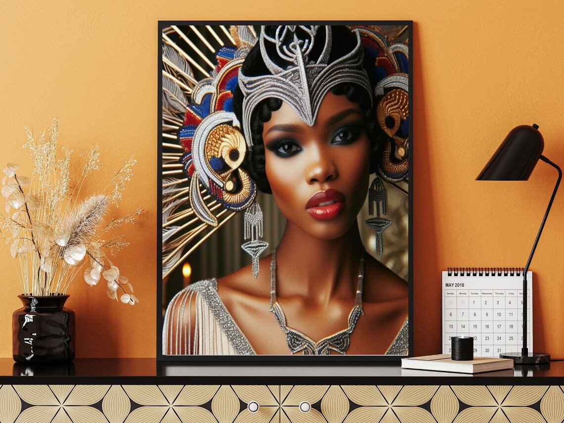 Art Deco Fantasy Woman With Silver And Red Ceremonial Headdress Poster - Image 4