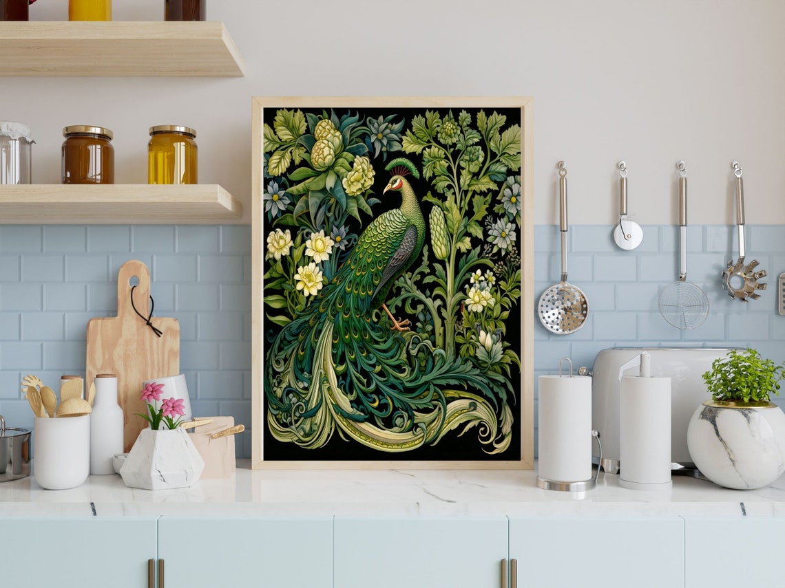William Morris Style Peacock Emerald Garden Black Ground Wall Art - Image 3