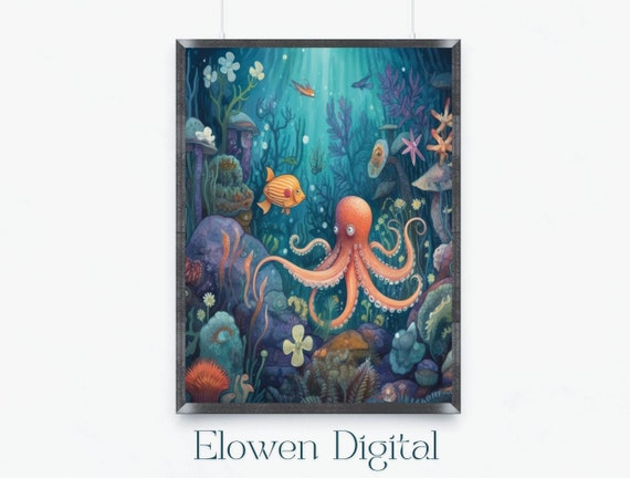 Wall Art Octopuss Garden Octopus Bathroom Wall Decor Vivid Octopus Nursery Colorful Wall Painting Kids Wall Art