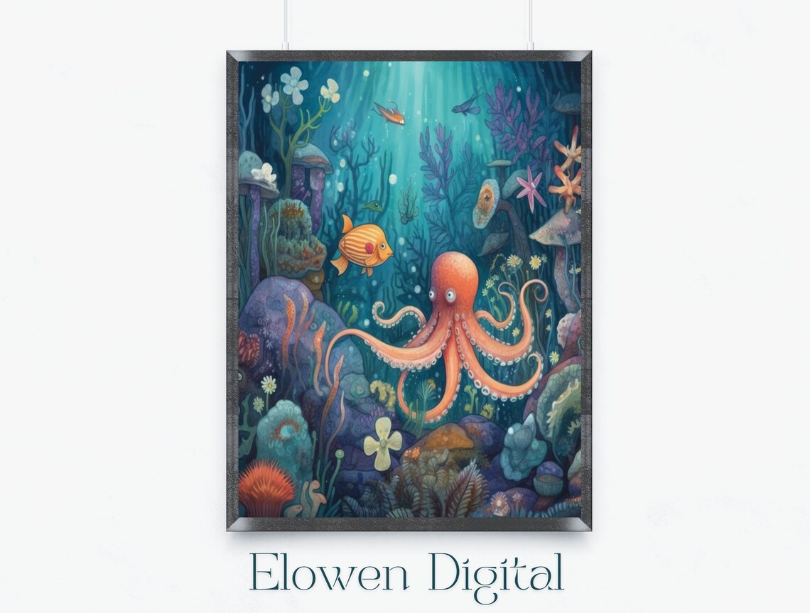 Playful Orange Octopus in a Teal Underwater Wonderland Poster