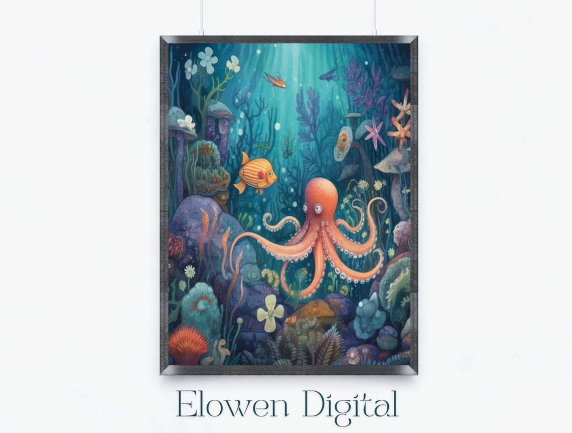 Wall Art Octopuss Garden Octopus Bathroom Wall Decor Vivid Octopus Nursery Colorful Wall Painting Kids Wall Art