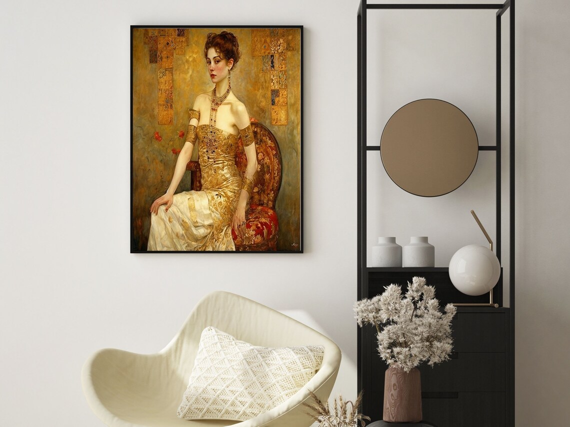 Art Nouveau Wall Art In Orange And Klimt Gold Art Nouveau Decor Woman With Swirls Wall Art For Art Nouveau Decor - Image 6