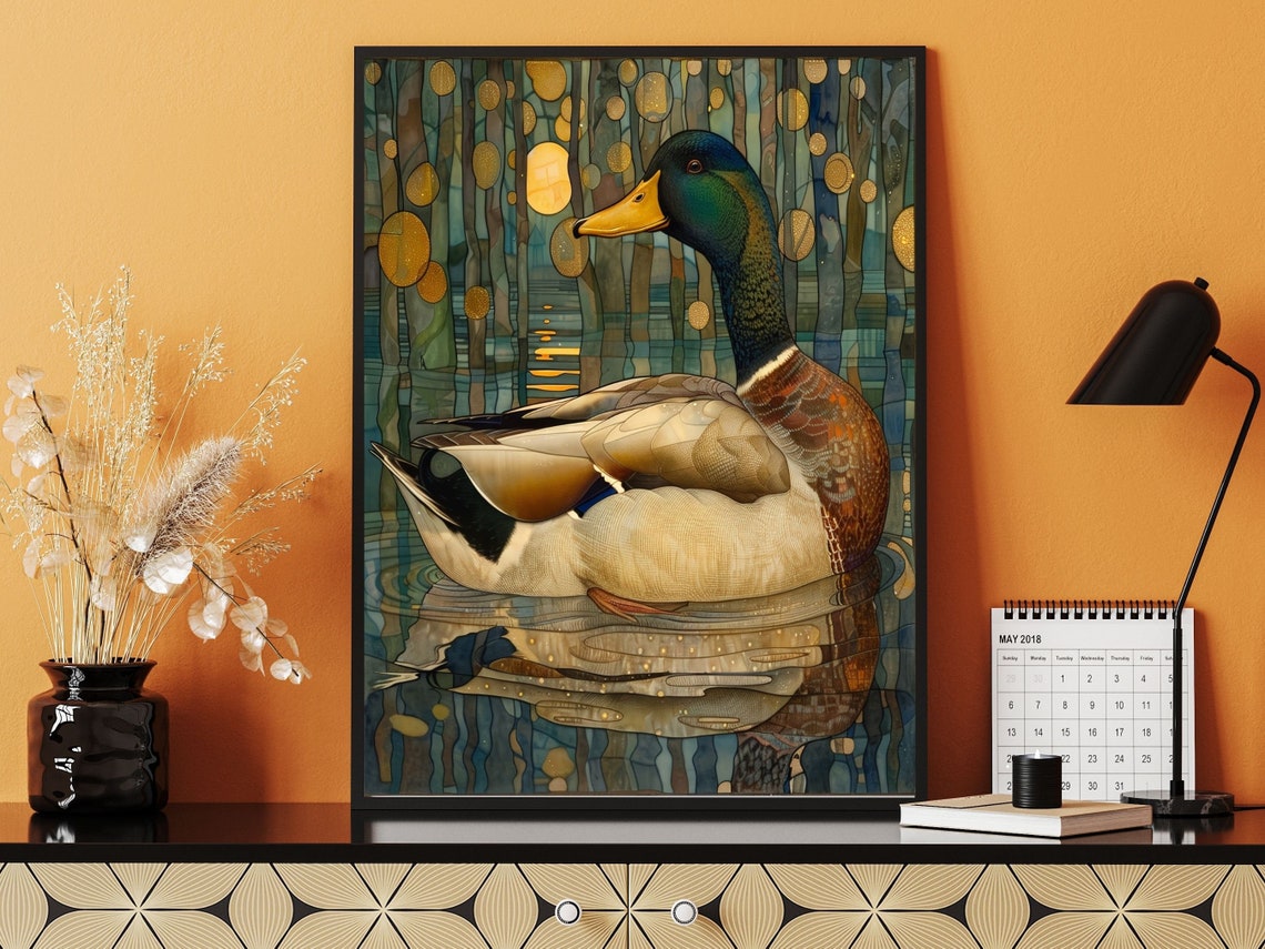 Art Deco Mallard Duck on Golden Marsh 1920s Wildlife Nature Poster
