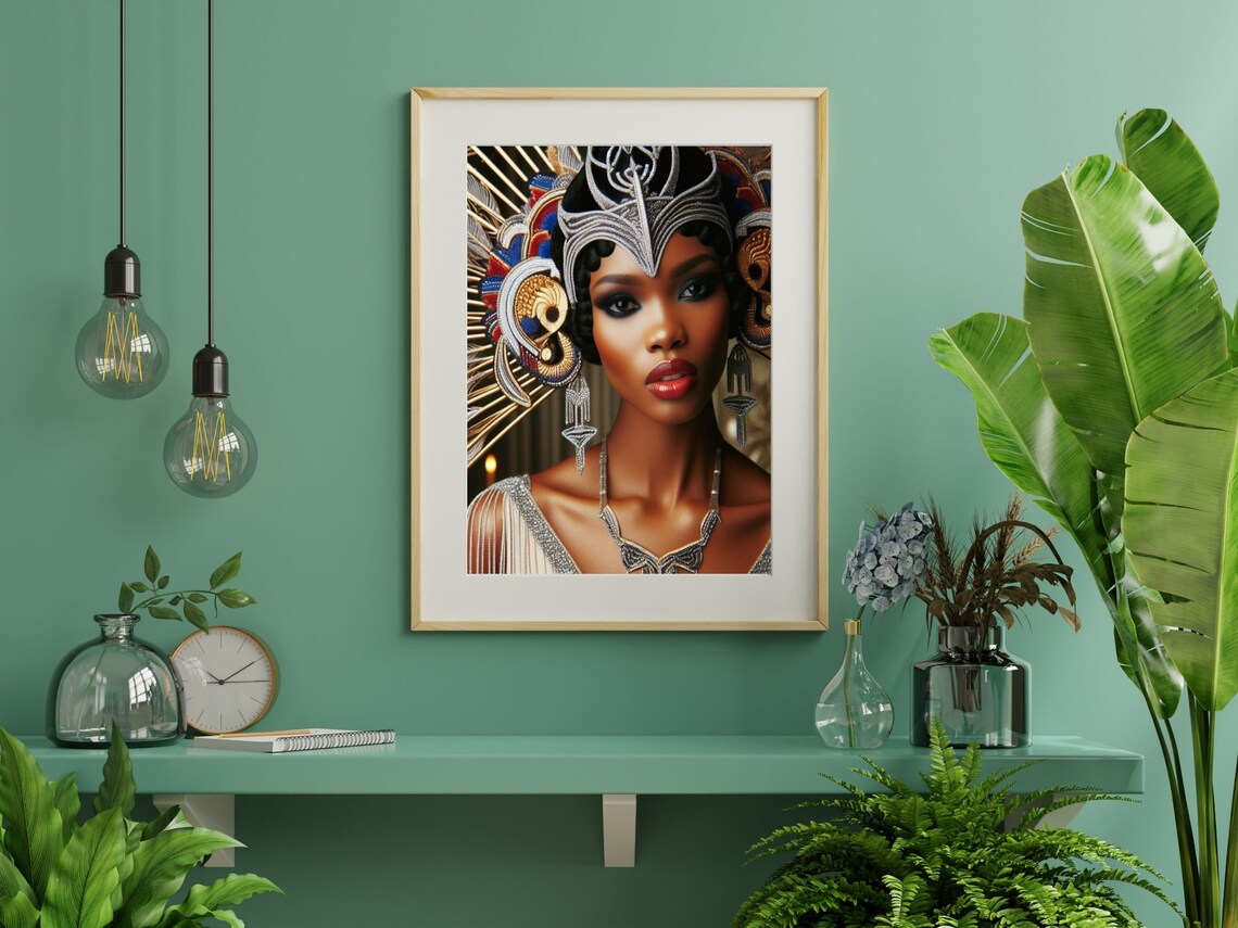 Art Deco Fantasy Woman With Silver And Red Ceremonial Headdress Poster - Image 6