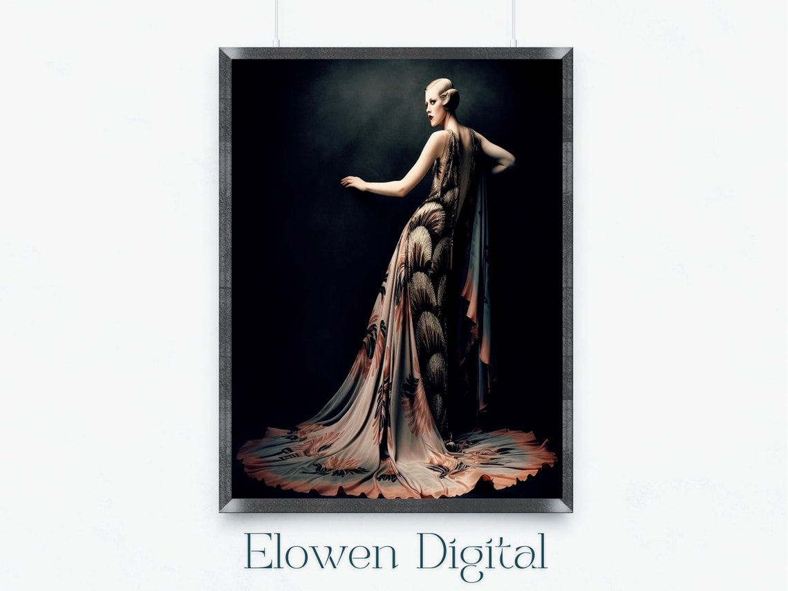 Art Deco Woman in Black and Blush Feathered Gown Night Poster