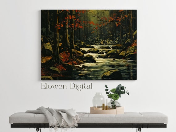 Art Deco Vintage Landscape Large Wall Art Autumn Red Leaves Forest Landscape Painting With River Wall Art Moody Landscape