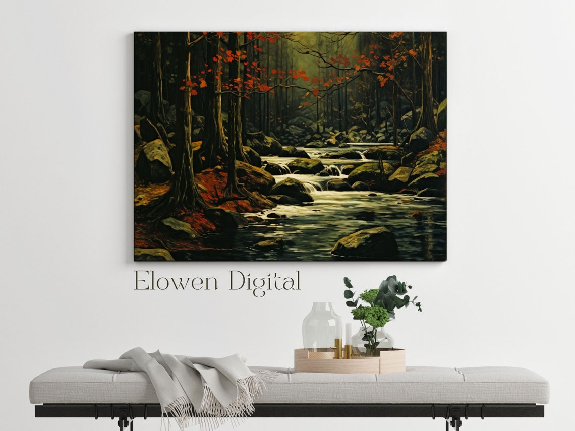 Art Deco Vintage Landscape Large Wall Art Autumn Red Leaves Forest Landscape Painting With River Wall Art Moody Landscape