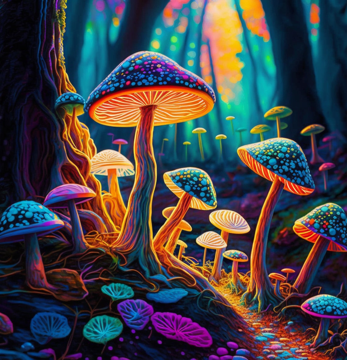 Neon Psychedelic Mushroom Forest With Glowing Blue Spotted Caps Poster - Image 5