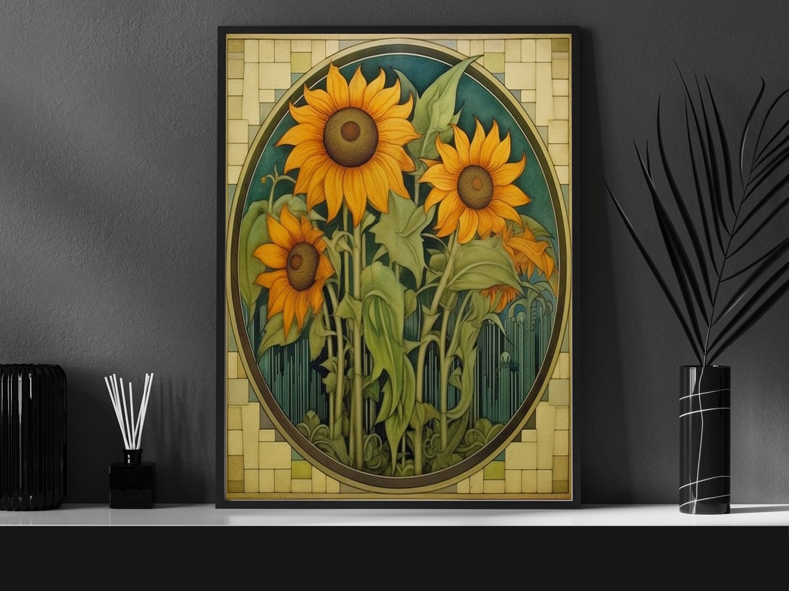 Cheerful Art Deco Sunflowers Oval Frame Vintage Botanical Poster - Image 6