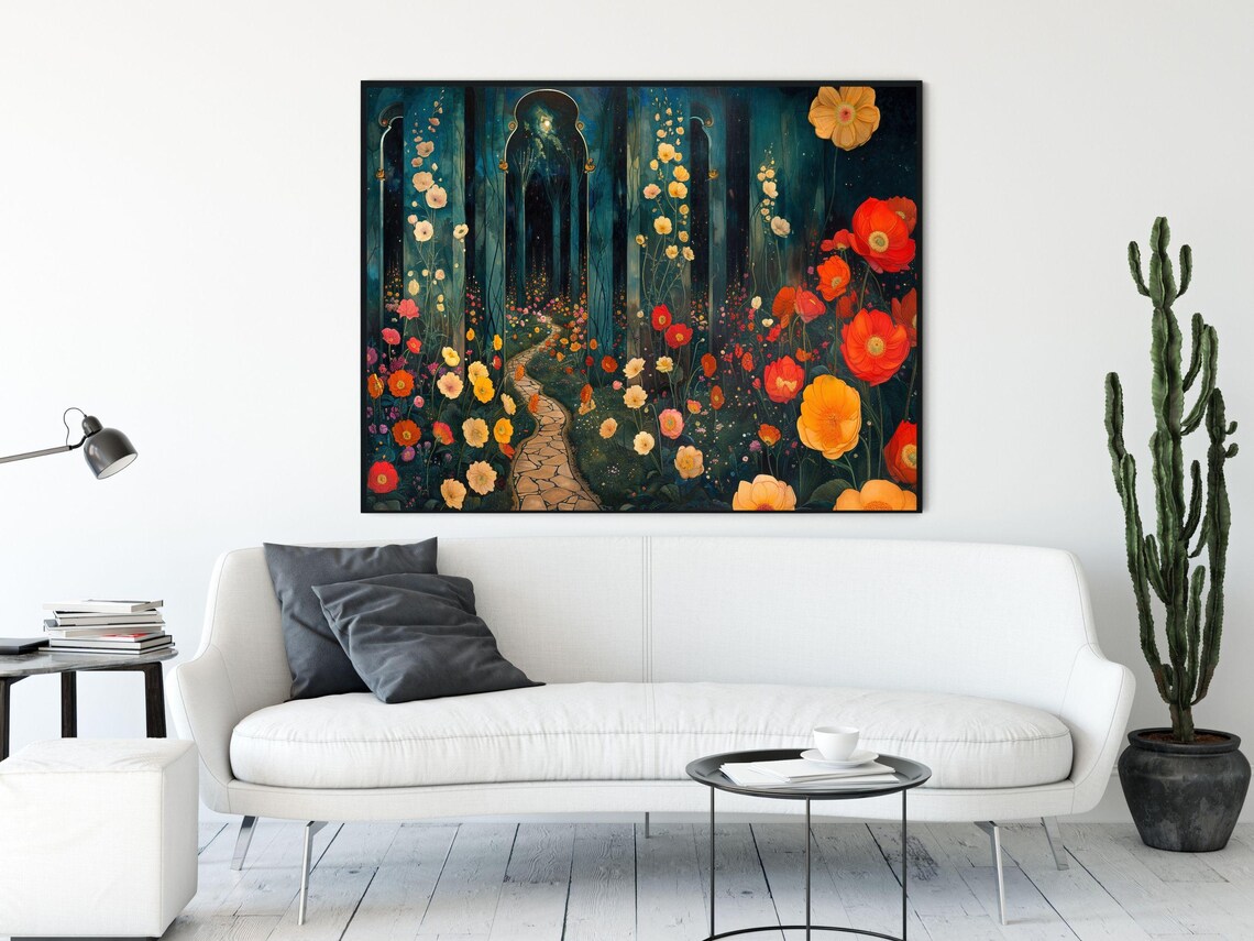 Art Nouveau Moonlit Flower Lane Through a Dark Garden at Night Poster - Image 3