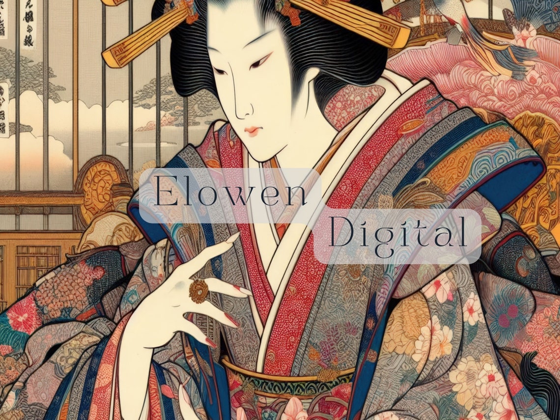 Japanese Courtesan in Floral Kimono, Traditional Ukiyo-E Style Poster - Image 5