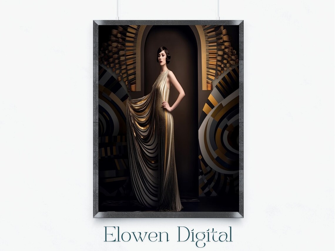 Art Deco Woman in Elegant Black and Gold Draped Gown With Headdress Poster