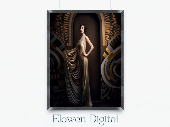 Art Deco Woman in Elegant Black and Gold Draped Gown With Headdress Poster