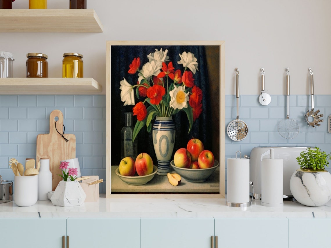 Vintage Still Life Tulips and Apples Kitchen Oil Painting Print - Image 6