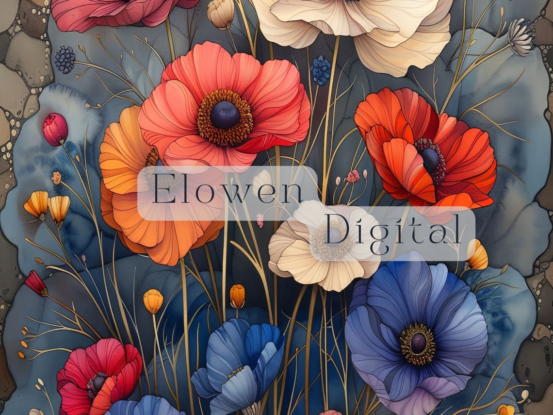 Red White and Blue Wildflowers Watercolor Botanical Wall Art - Image 2