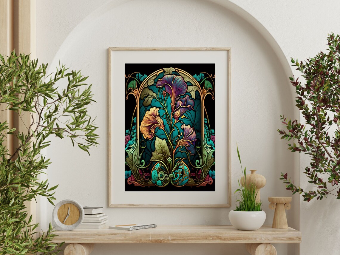 Art Nouveau Morning Glory Blooms Teal Stained Glass Floral Wall Art - Image 6