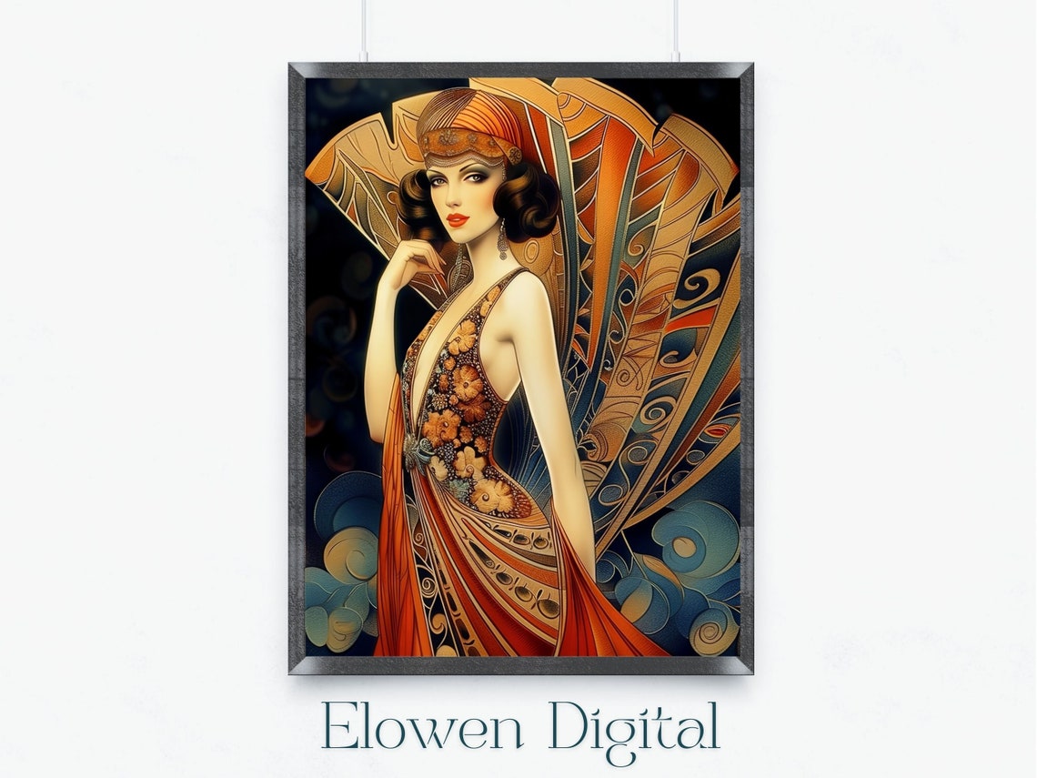 Erte Red Gown Art Deco Print Wall Art Of Woman In Flame Erte Gown Vintage Fashion Erte Gown With Art Deco Decor