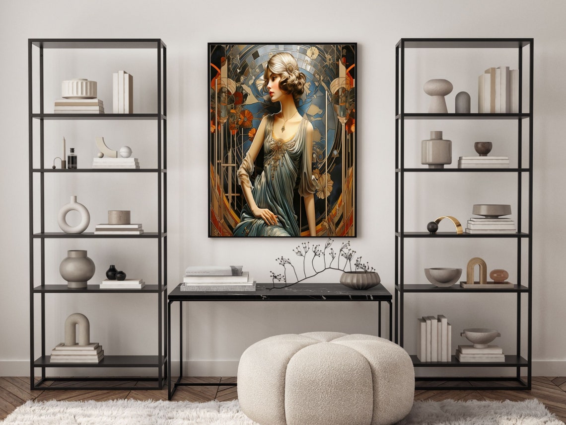 Art Deco Style Woman In An Erte Fancy Gown Wall Art Of Woman In Silver Erte Gown Vintage Fashion Erte Gown With Art Deco Decor - Image 6