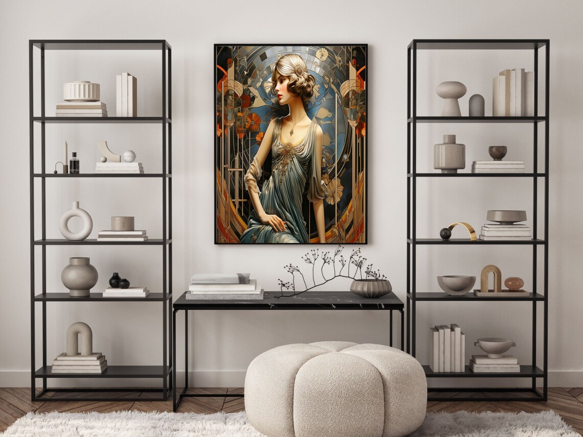 Elegant Woman In Silver Blue Gown Geometric Art Deco Backdrop Print - Image 6