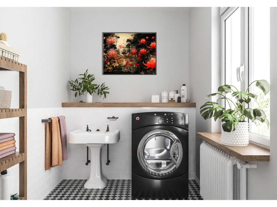 Japanese Style Red Chrysanthemums In Dark Moody Garden Poster - Image 4